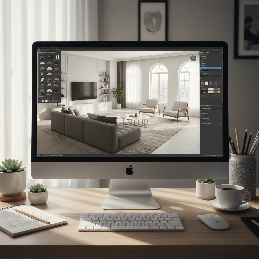 Pantalla mostrando una aplicación de diseño interior con una sala modelada en 3D