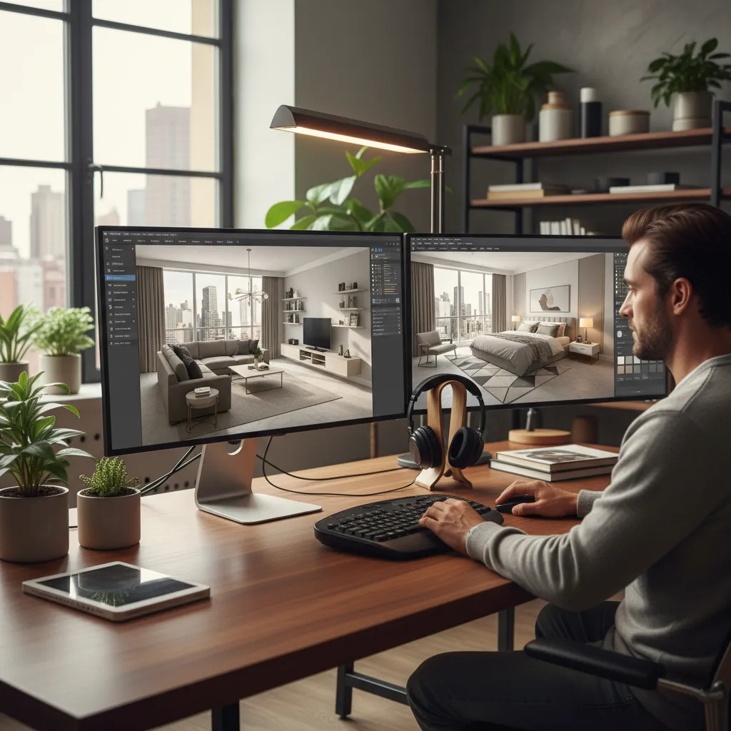 Pantalla de computadora mostrando diseño interior en 3D