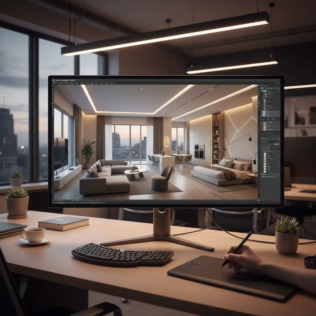 Pantalla de ordenador mostrando un modelo 3D de diseño interior