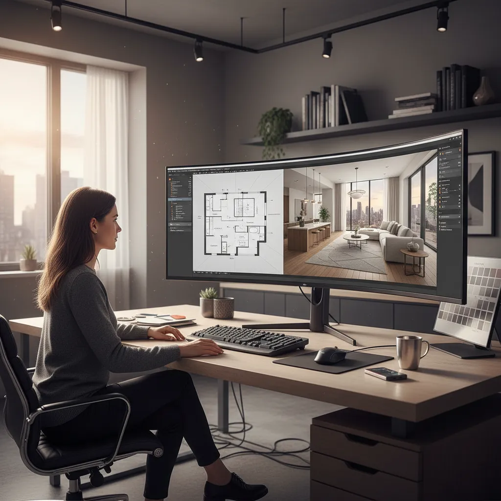 Diseñador trabajando con software de modelado 3D para interiores