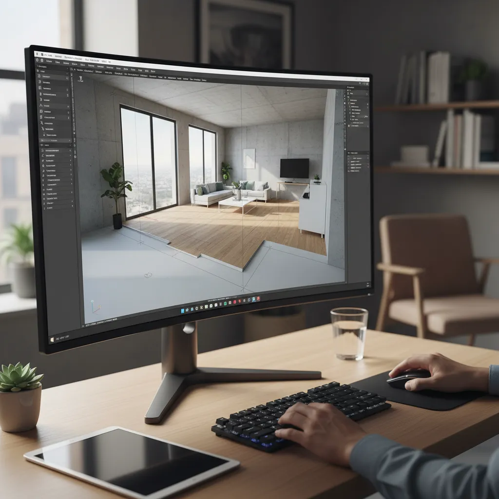 Pantalla mostrando software de diseño interior con plano 3D de un apartamento