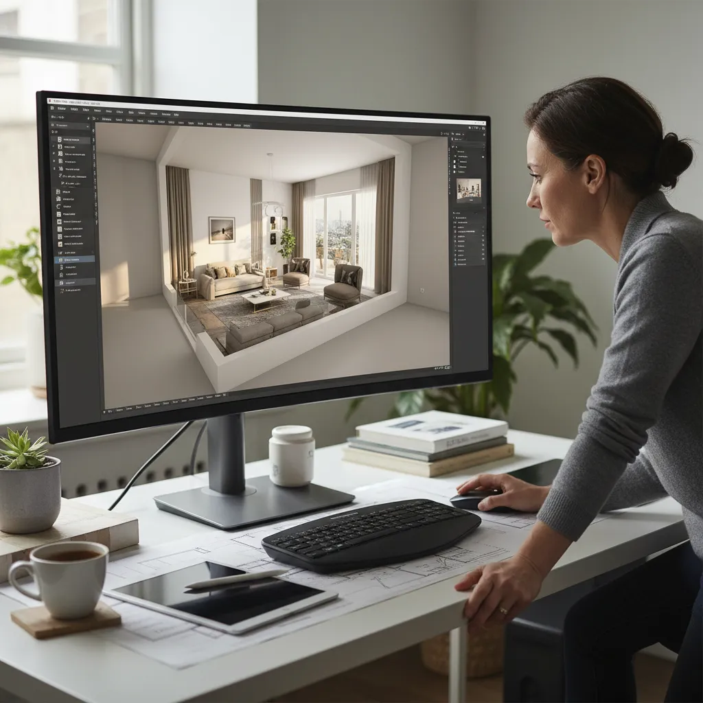 Pantalla mostrando modelado 3D de un interior moderno
