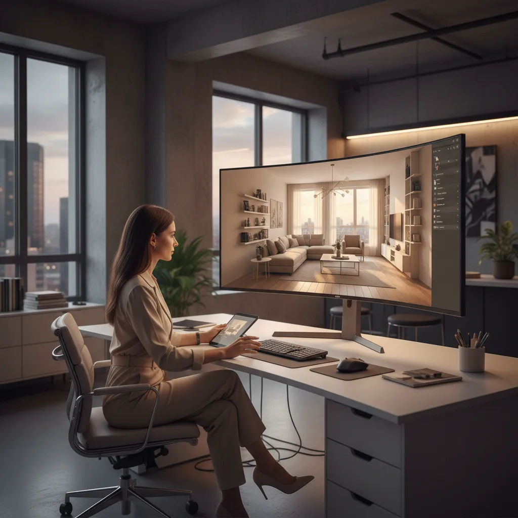 Diseñador creando un modelo 3D de interior en ordenador