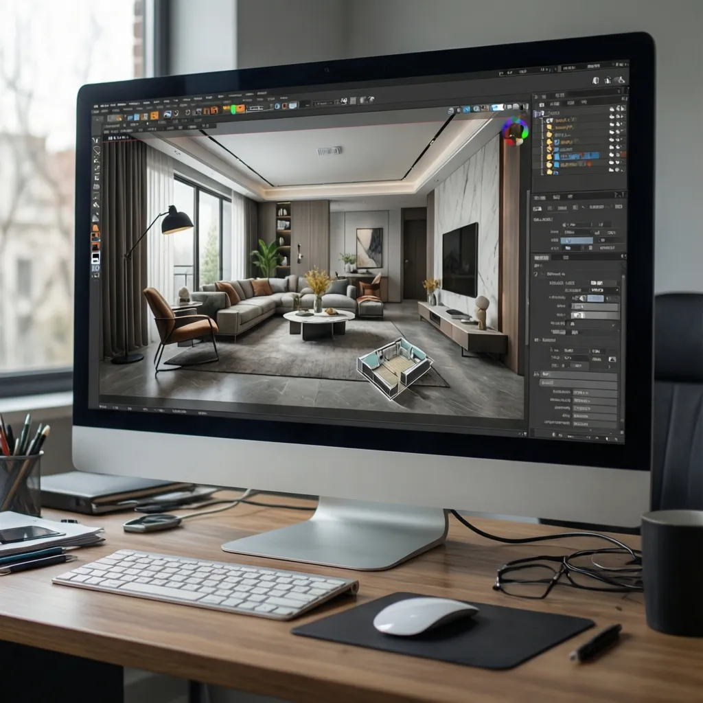Pantalla de ordenador mostrando un programa de diseño interior en 3D