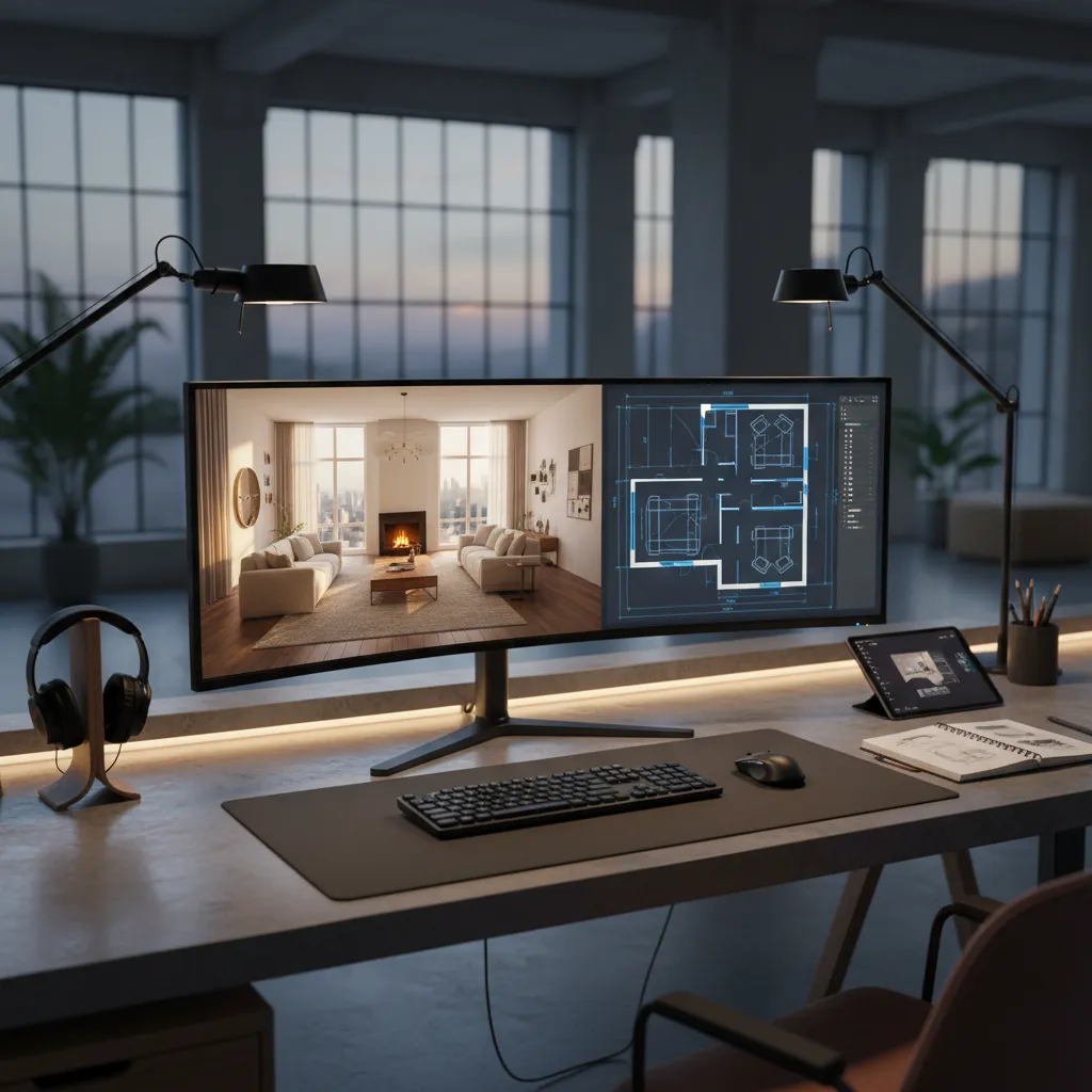 Wide monitor displaying a 3D room design and floor plan on a modern work desk