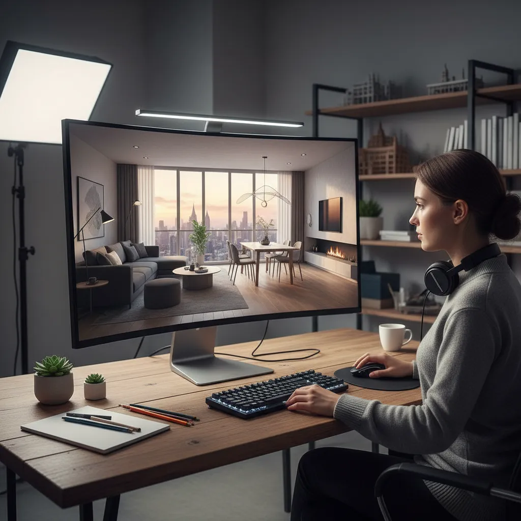 Woman using computer with curved monitor displaying interior design drawing of a modern living room