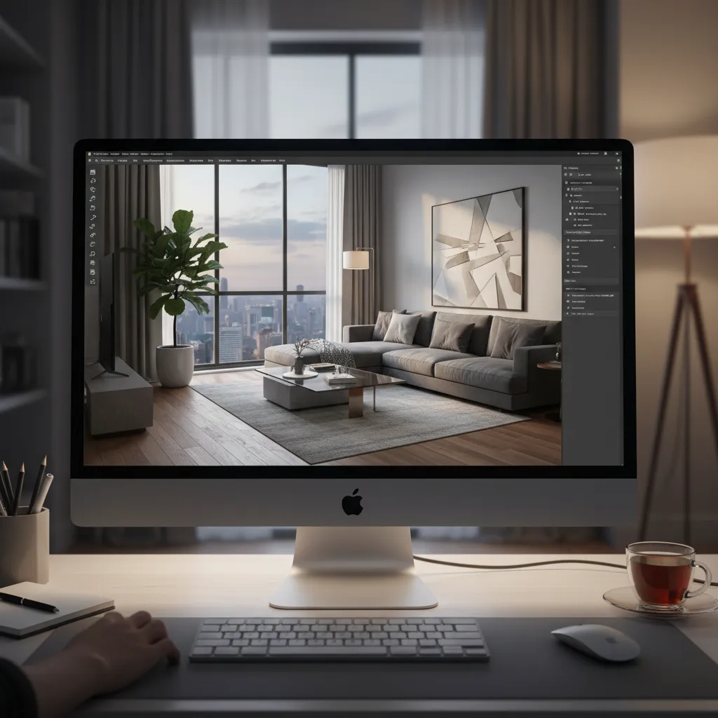 Pantalla de ordenador mostrando un diseño interior en 3D