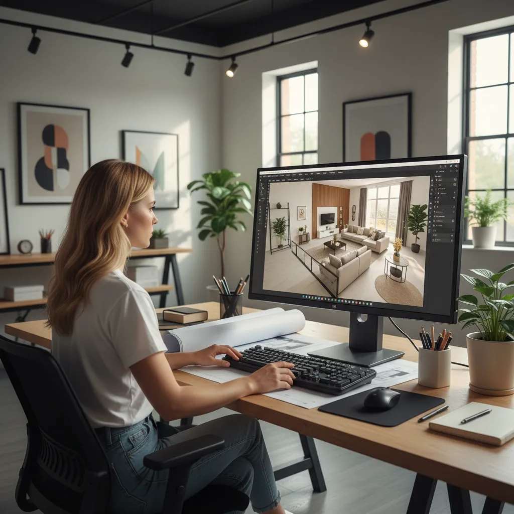 Pantalla con software de diseño 3D mostrando un plano de vivienda