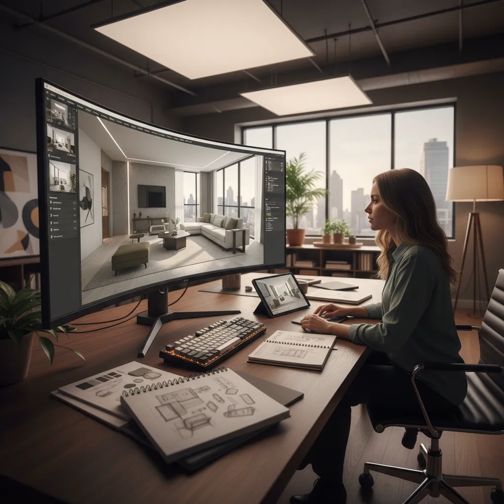 Diseñador utilizando software 3D para visualizar un proyecto de interiorismo