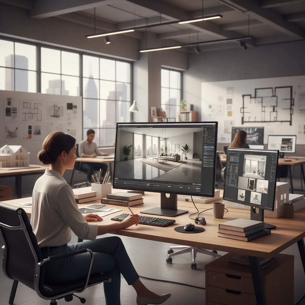 Designer working on interior design drawing of living room layout on computer screen in office