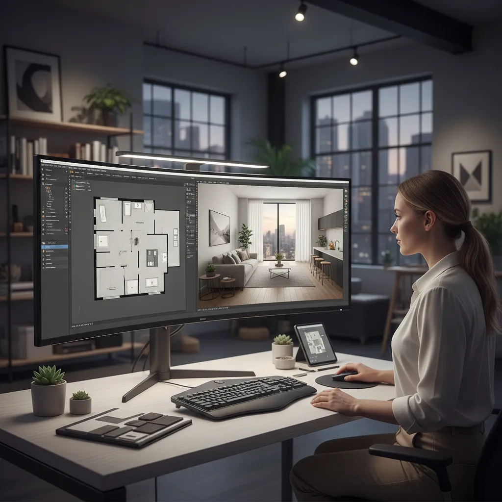 Female designer using Coohom software to create floor plan layout and 3D interior design drawing