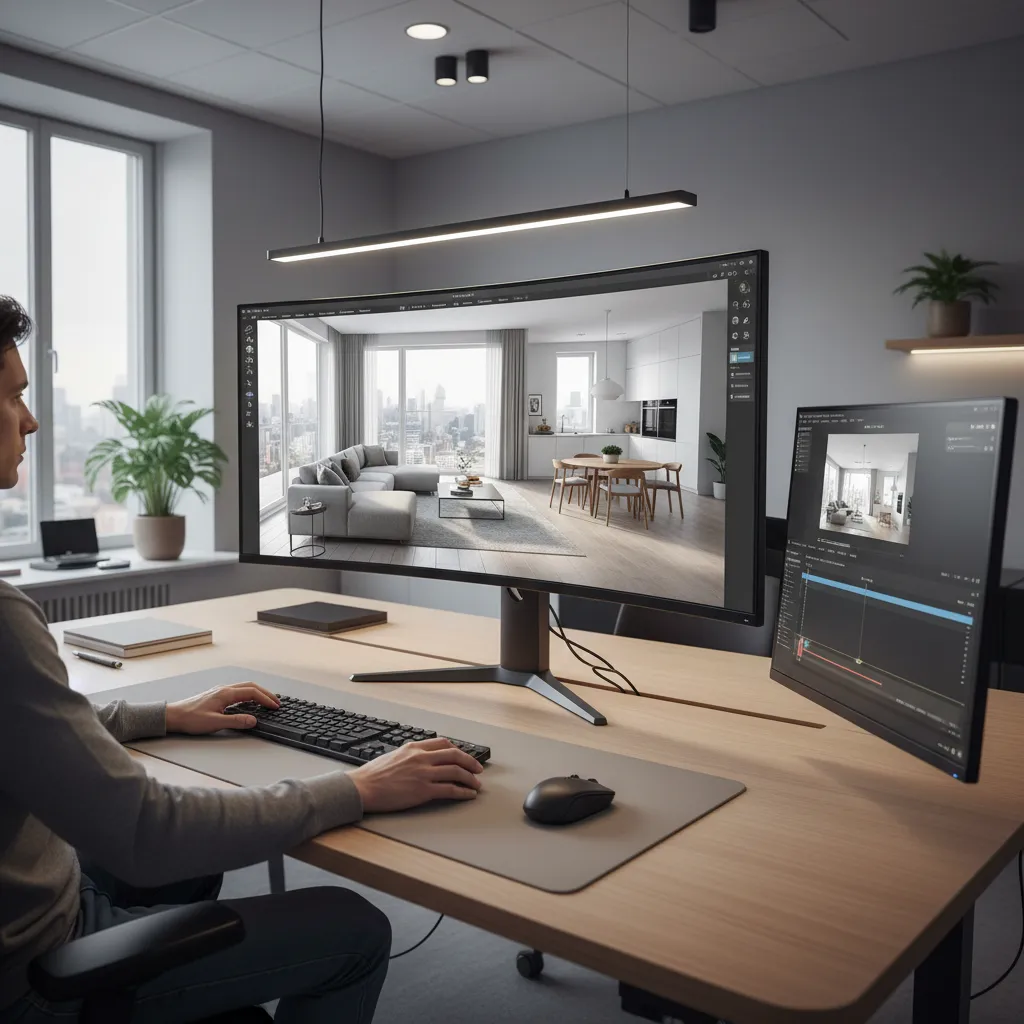 designer using interior design software to create a modern living room drawing on large screen