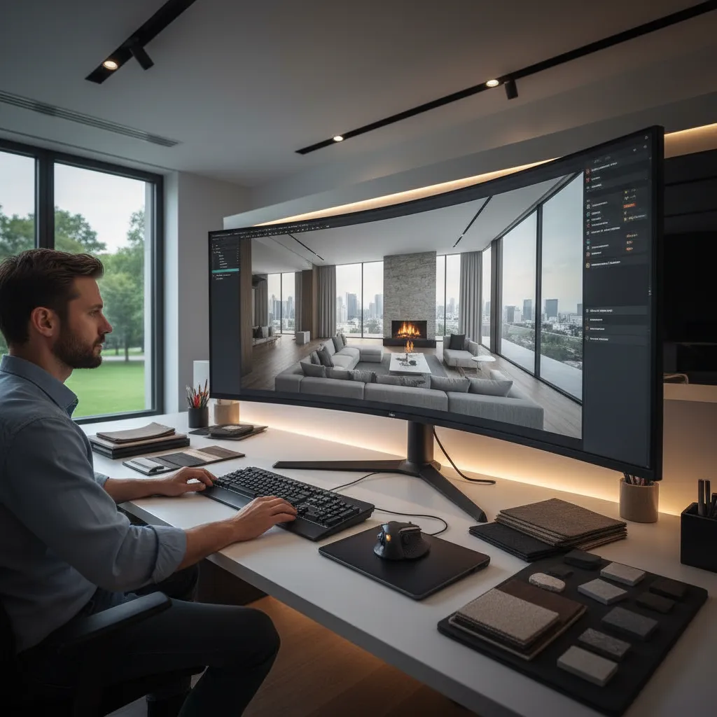 Diseñador creando un modelo 3D de interior en ordenador