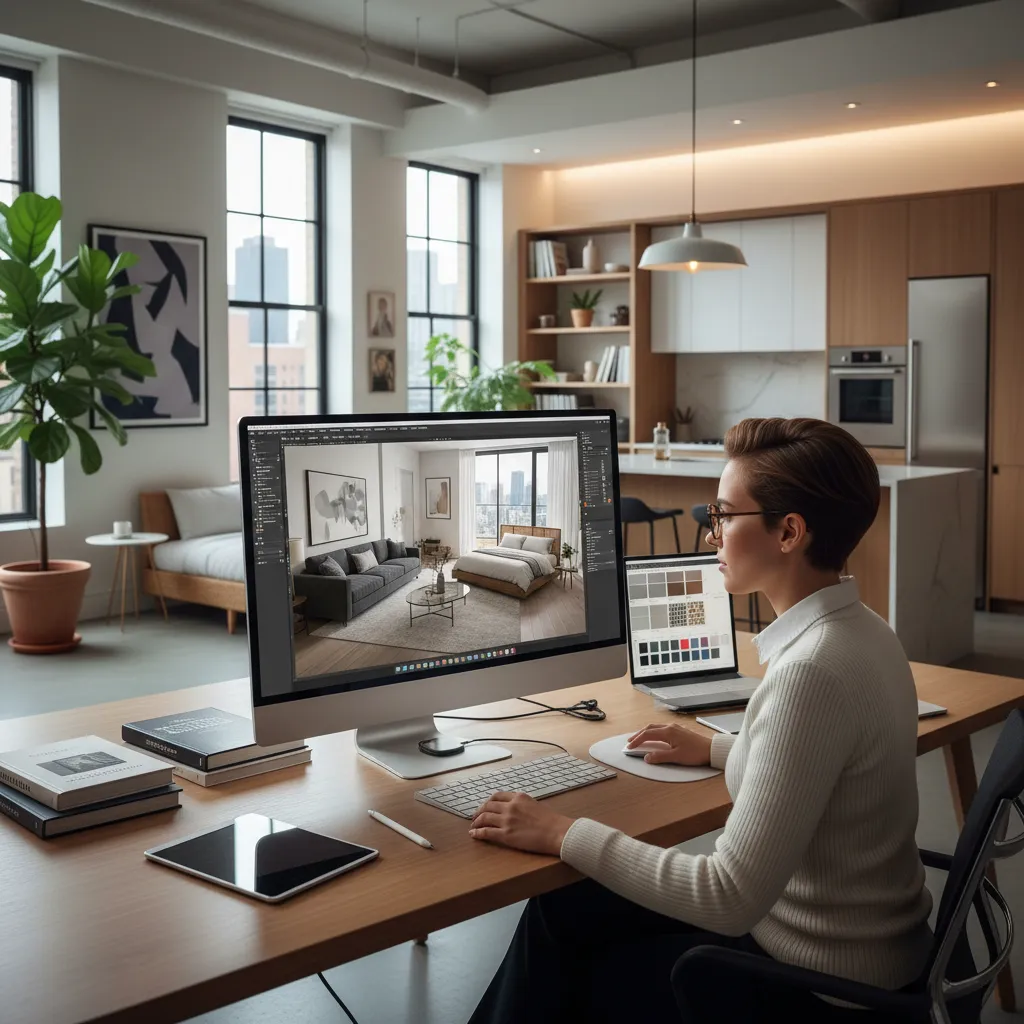 Woman using computer at her desk to create modern living room and bedroom design drawings