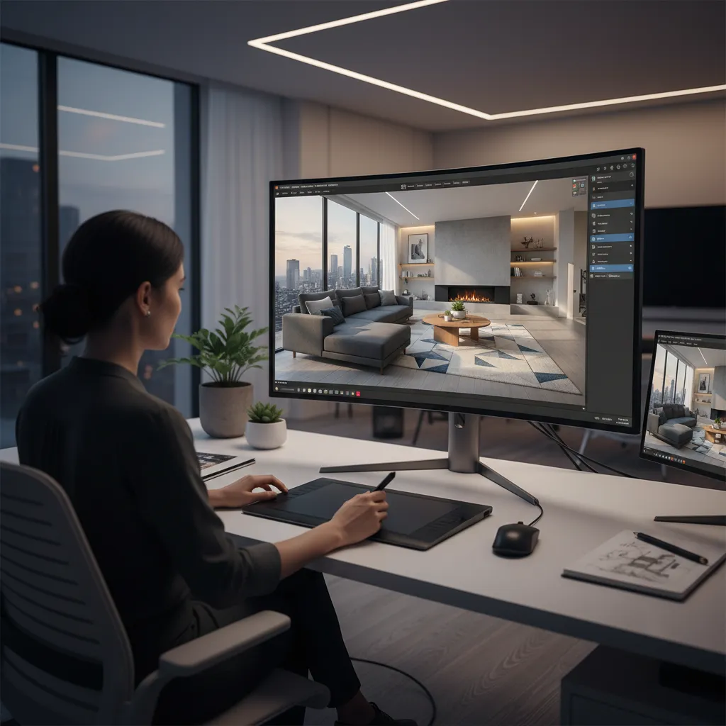 Pantalla de ordenador mostrando un modelo 3D de una sala de estar