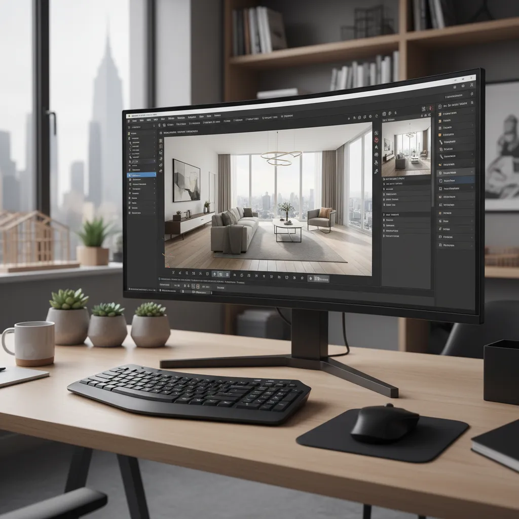 Pantalla de computadora mostrando un modelo 3D de un apartamento diseñado