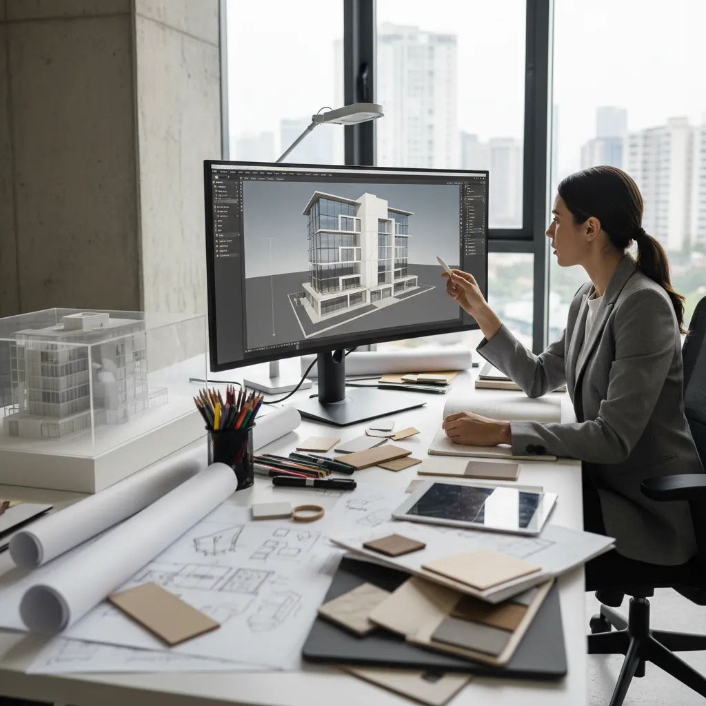Diseñador trabajando en software de diseño interior en ordenador