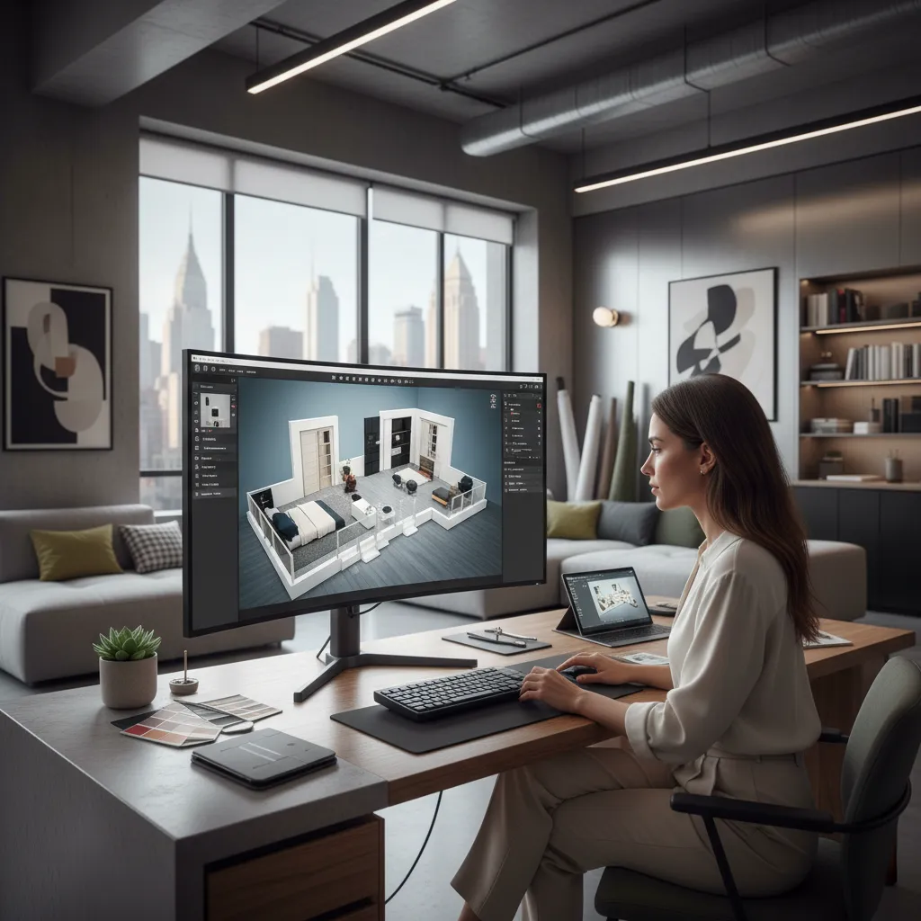 Woman sitting at a desk using software to create a modern three dimensional room layout