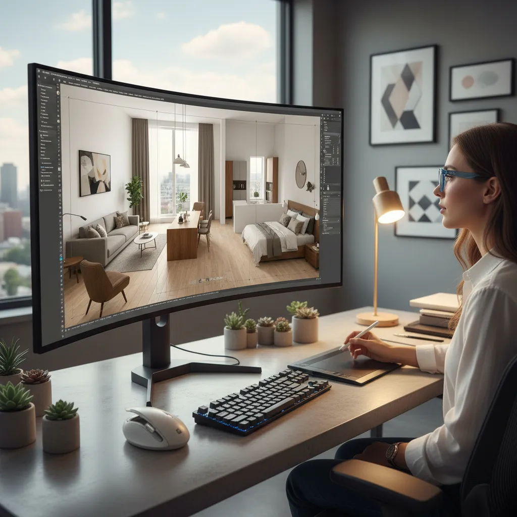 Diseñador trabajando en un modelo 3D de interior en una computadora
