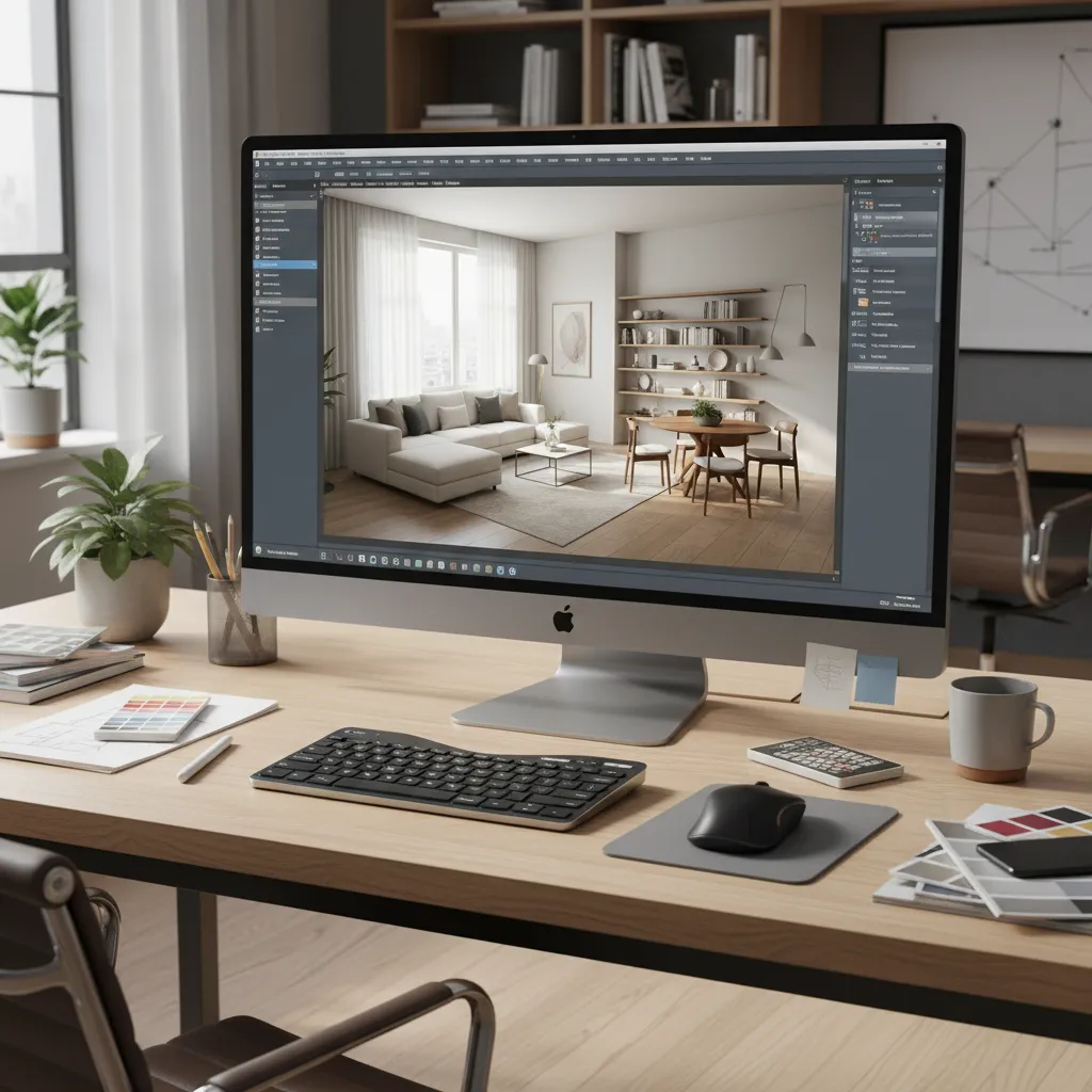 Pantalla de computadora mostrando un modelo 3D de un interior