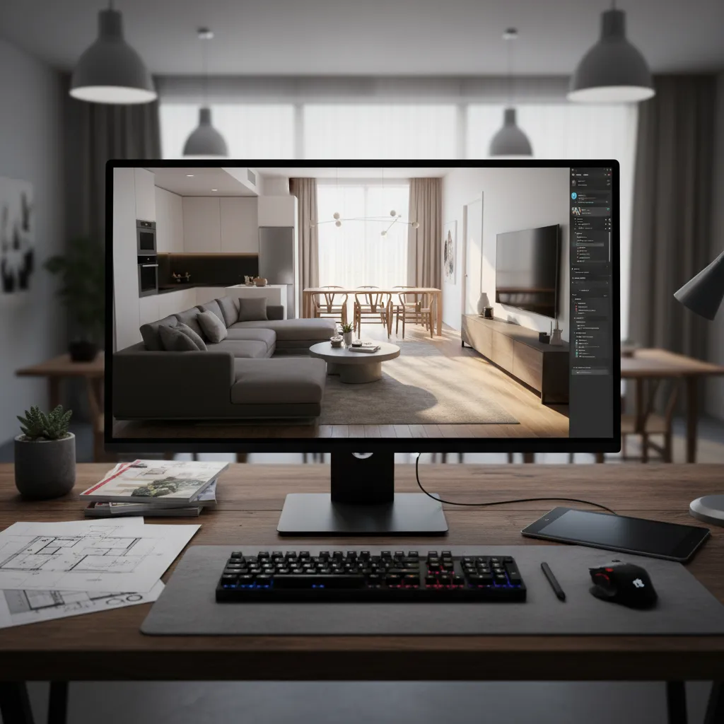 Computer monitor showing a modern living room interior design drawing with keyboard and computer mouse