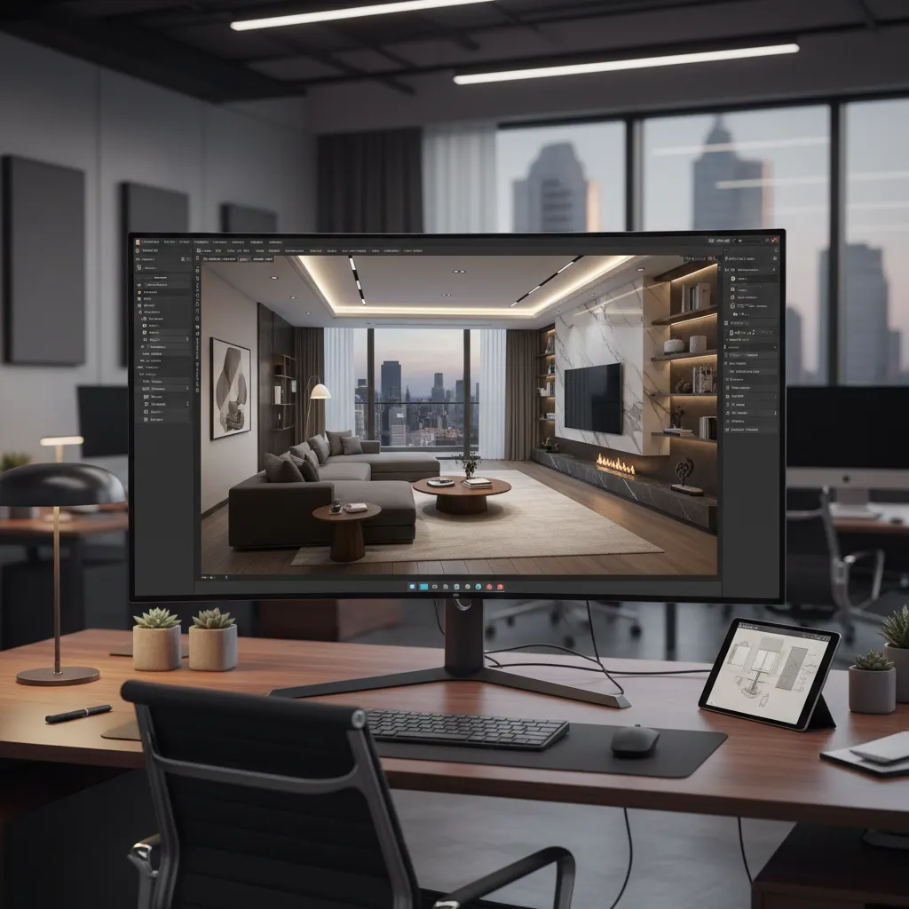 Pantalla de computadora mostrando un modelo 3D de un espacio interior