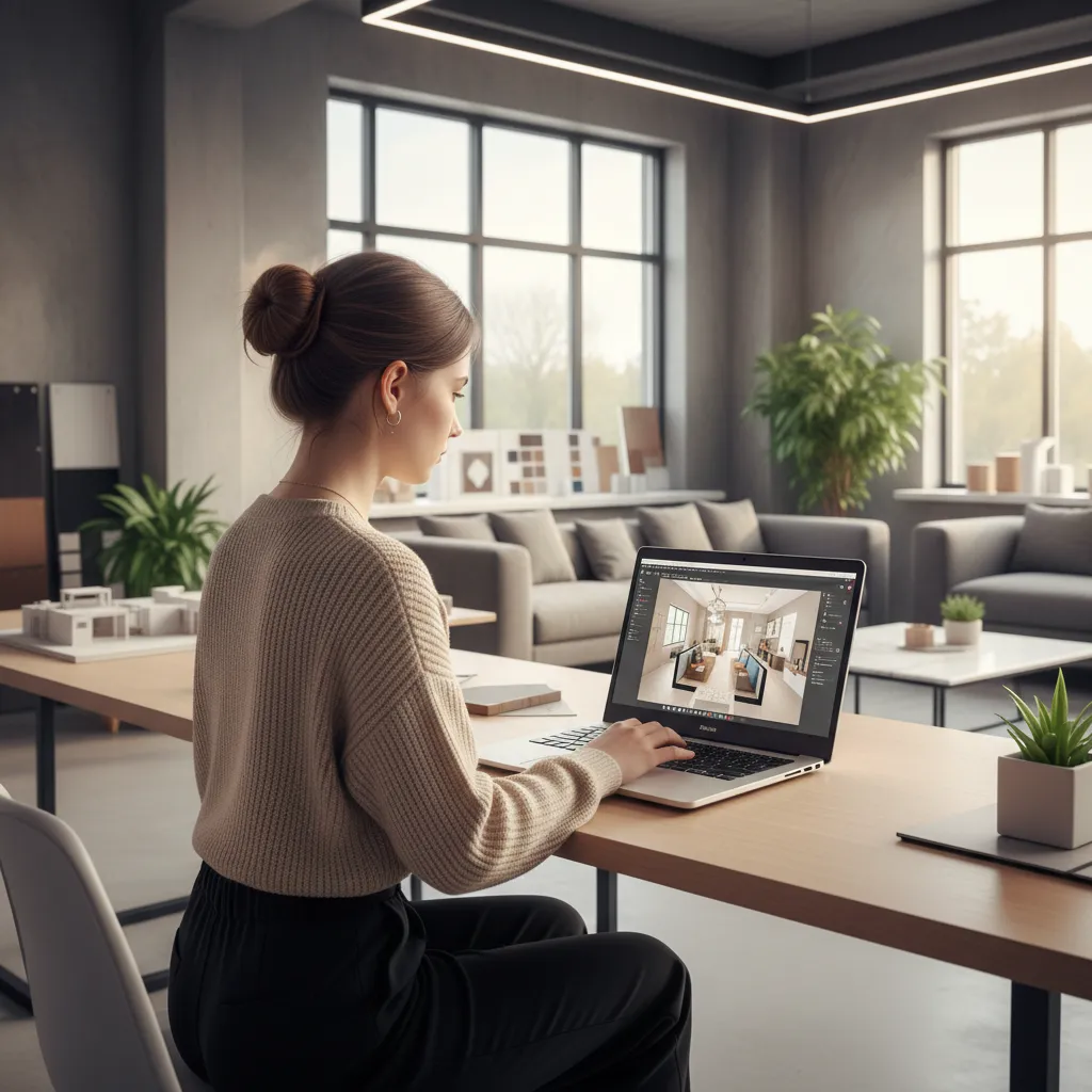 Estudiante trabajando en software de diseño interior 3D