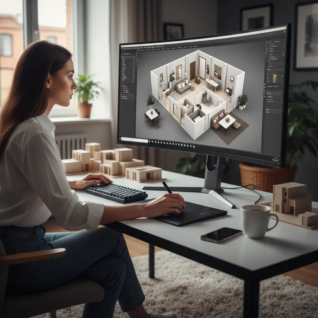 Diseñador trabajando con software 3D de interiorismo