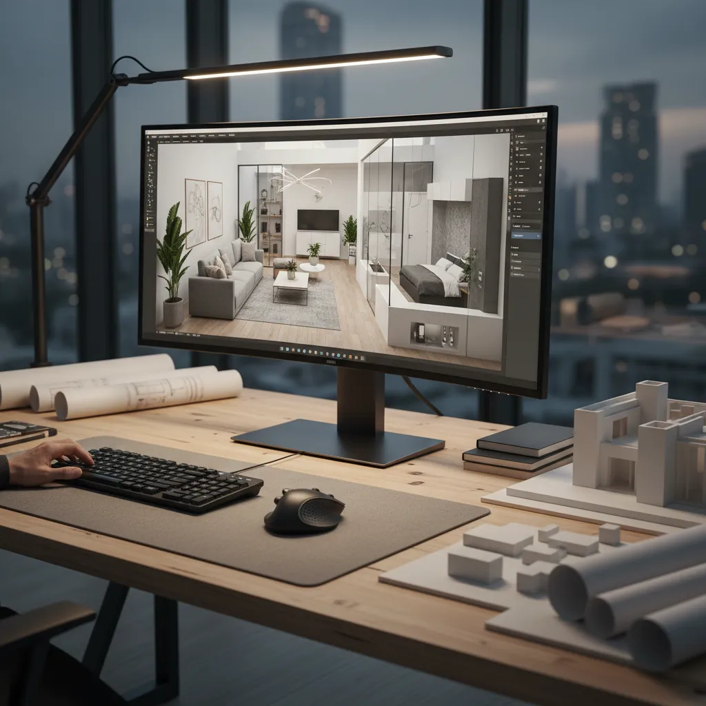 Computer screen showing interior design drawing on a desk with 3D model and paper rolls