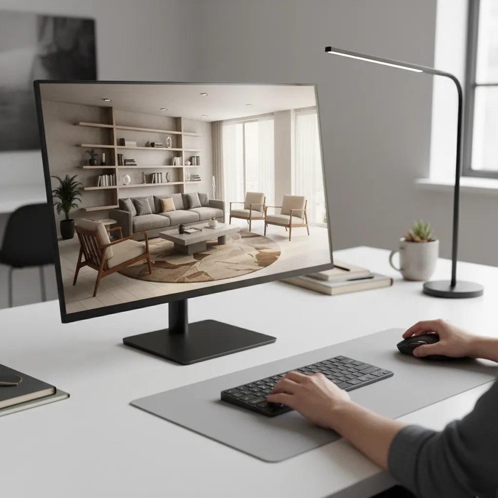 pantalla de ordenador mostrando diseño interior en 3D