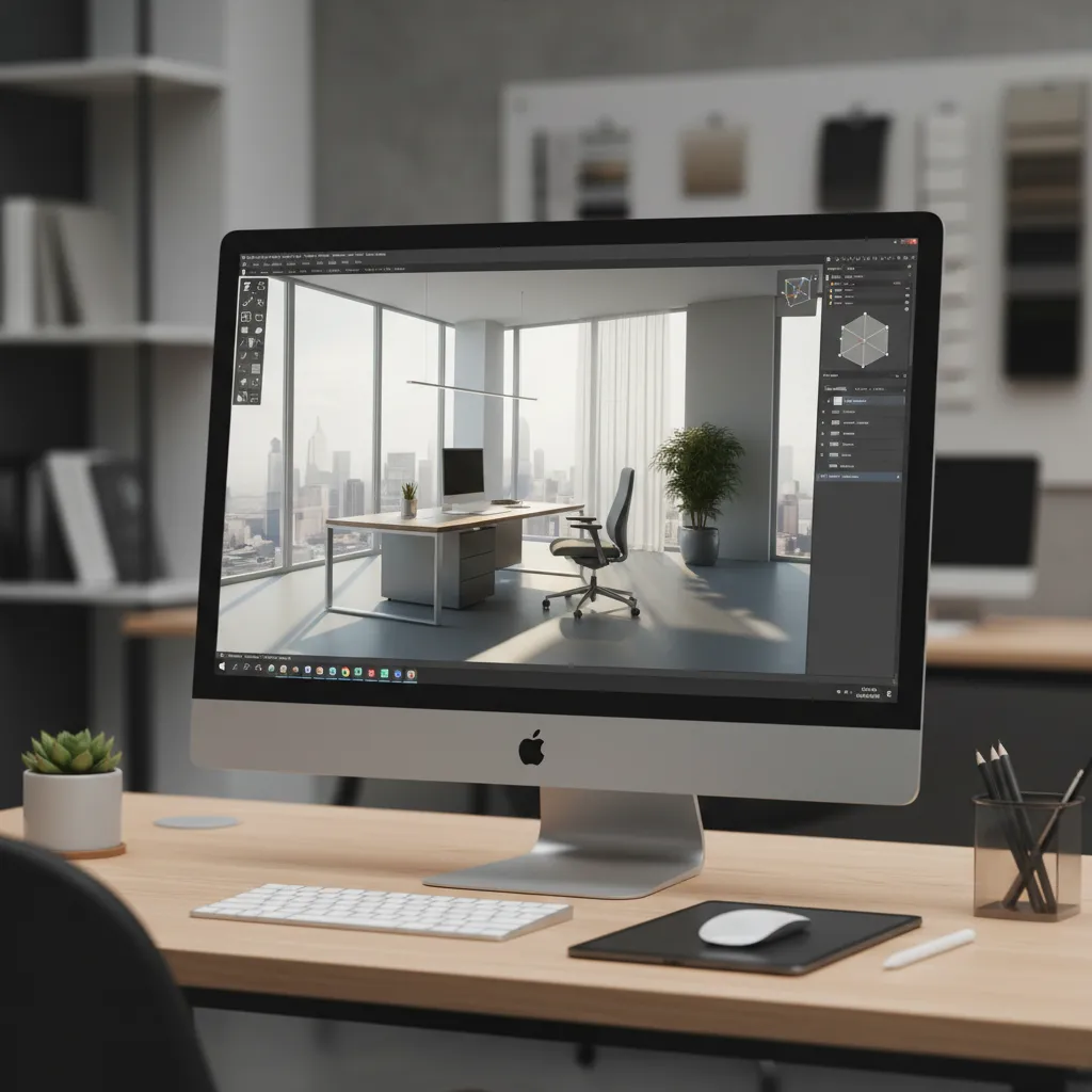 Pantalla de computadora mostrando un diseño de interiores en modelo 3D
