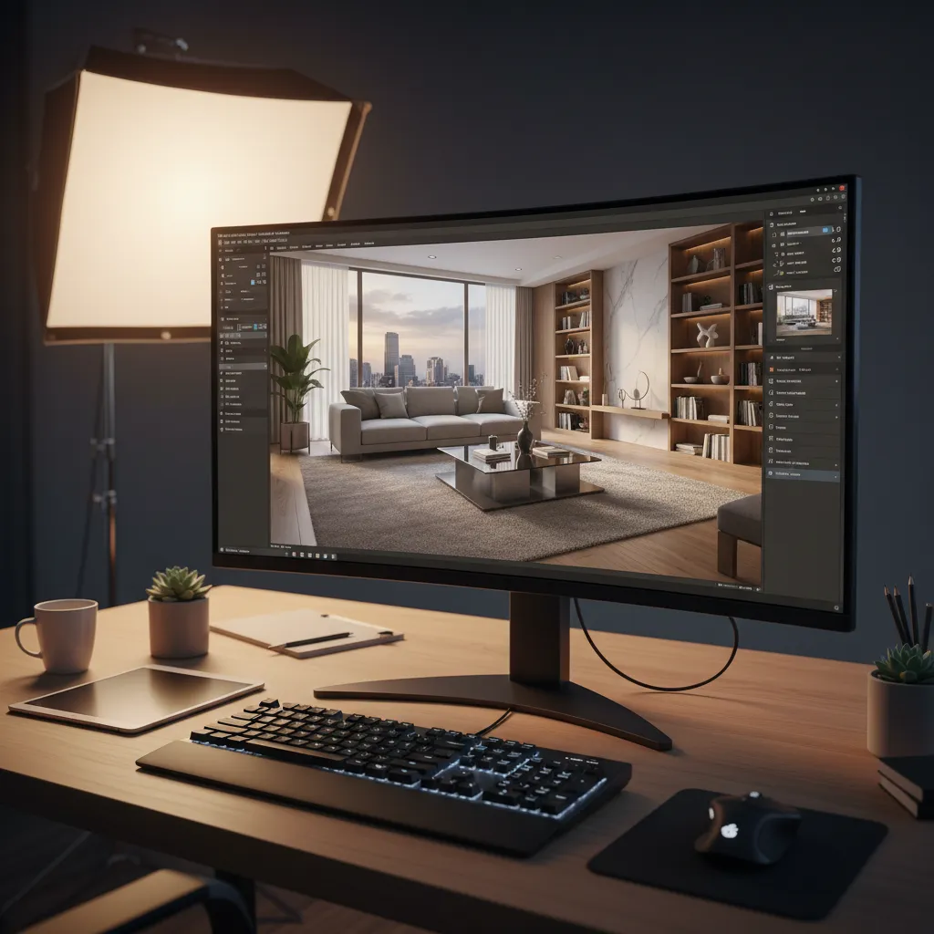 Pantalla mostrando render 3D de un salón moderno diseñado digitalmente
