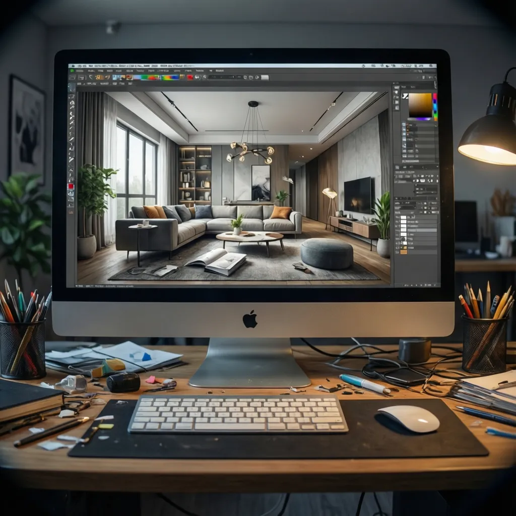 Pantalla mostrando un modelo 3D de un apartamento en proceso de diseño
