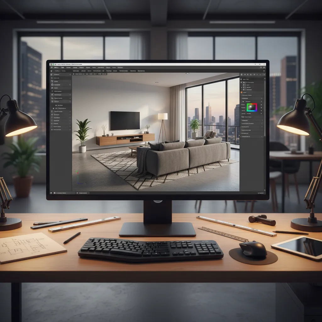 Pantalla mostrando un modelo 3D de sala diseñado en software de interiorismo