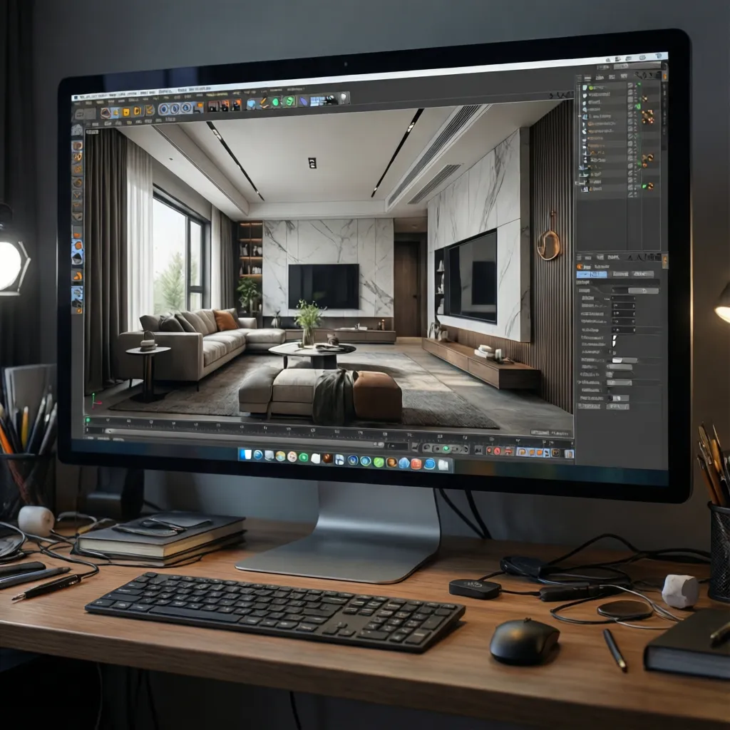 pantalla de ordenador mostrando render 3D de un salón moderno