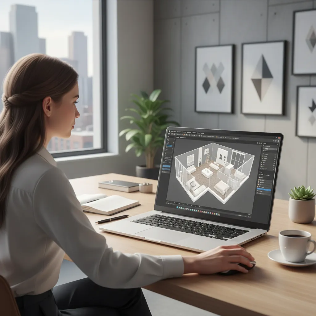 Woman using interior design software on a laptop to create a modern 3D room layout