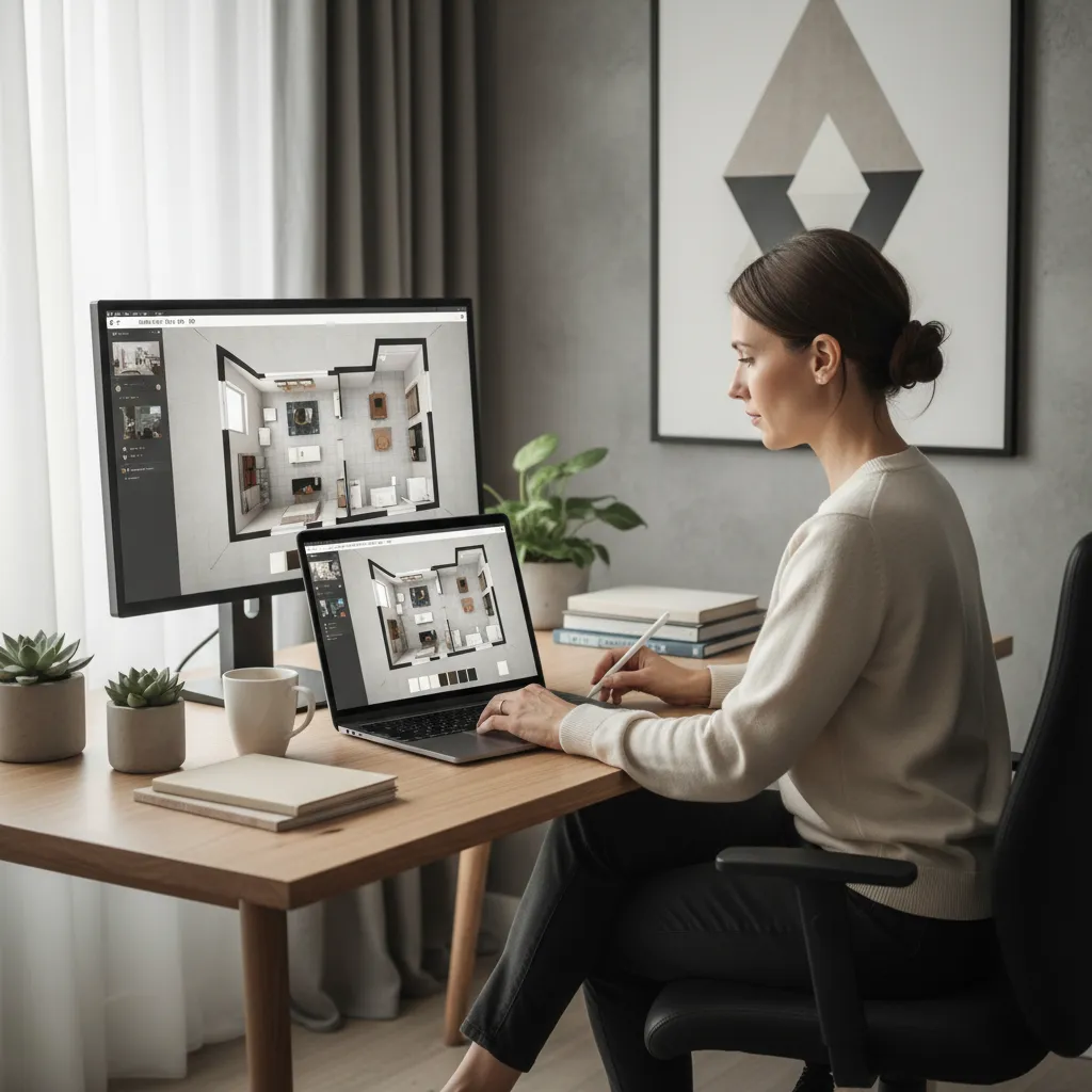 Diseñador utilizando software 3D para planificar la distribución de un departamento