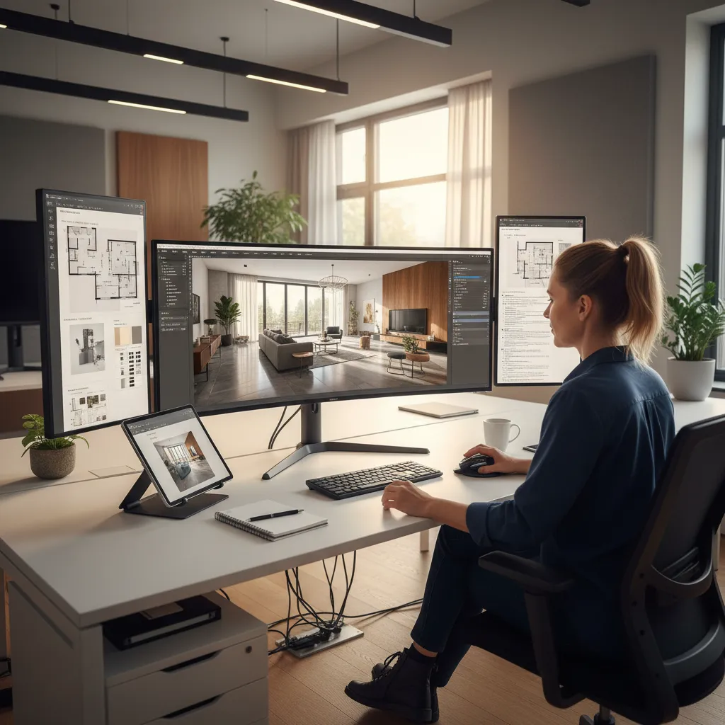 Pantalla de ordenador mostrando un modelo 3D de una vivienda en diseño interior