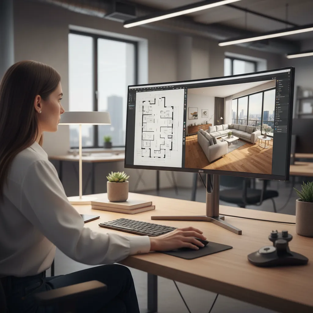 Diseñador trabajando en un modelo 3D de interior en ordenador