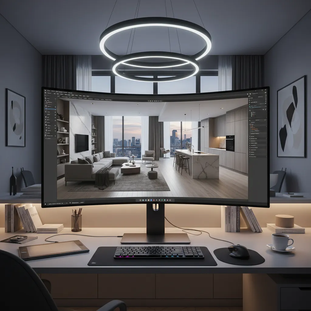 Pantalla de ordenador mostrando un diseño de interior en 3D