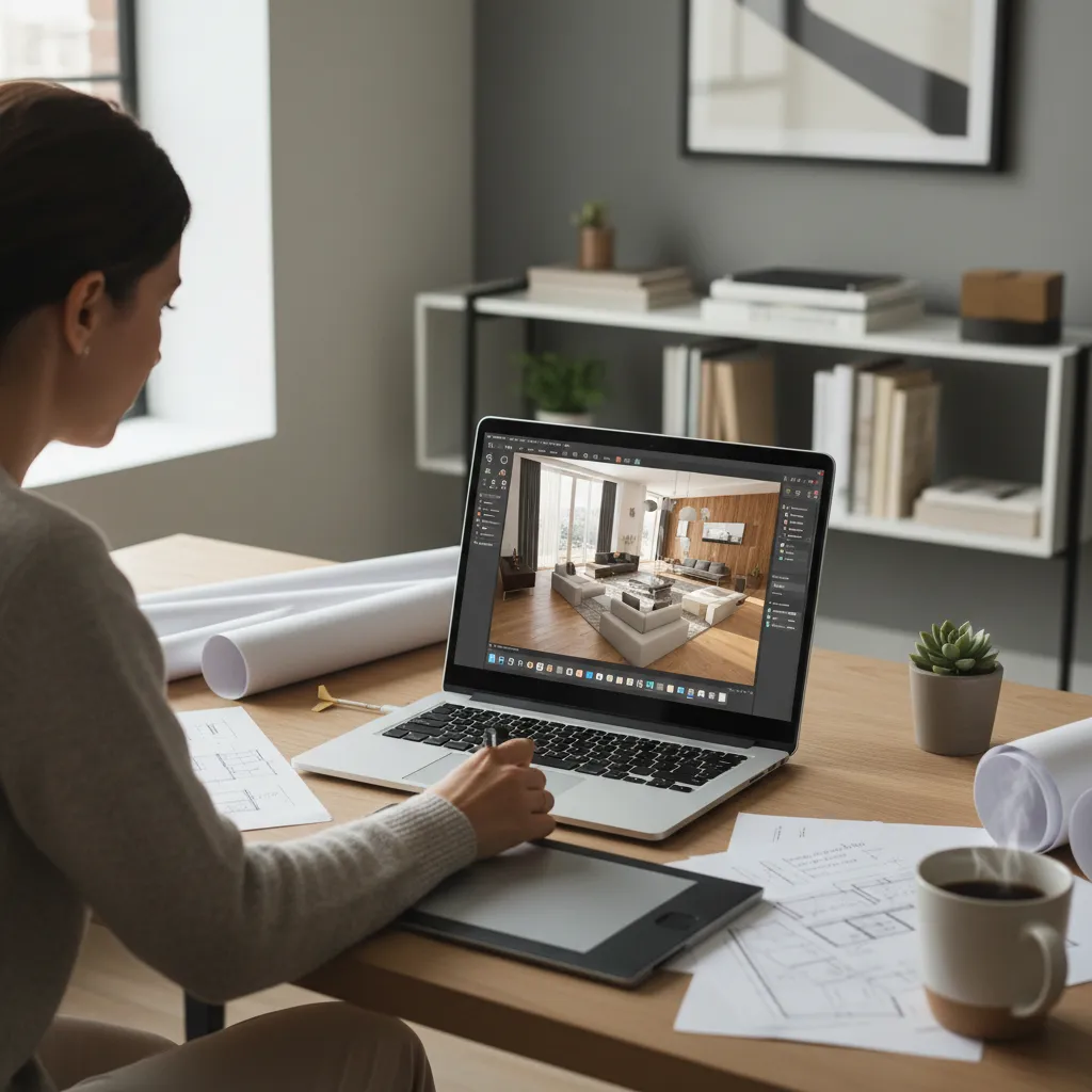 Diseñador utilizando software 3D para planificar un apartamento