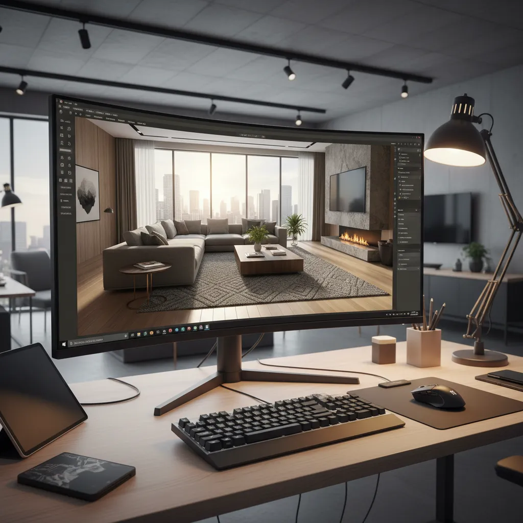 Pantalla de ordenador mostrando un modelo 3D de una sala diseñada