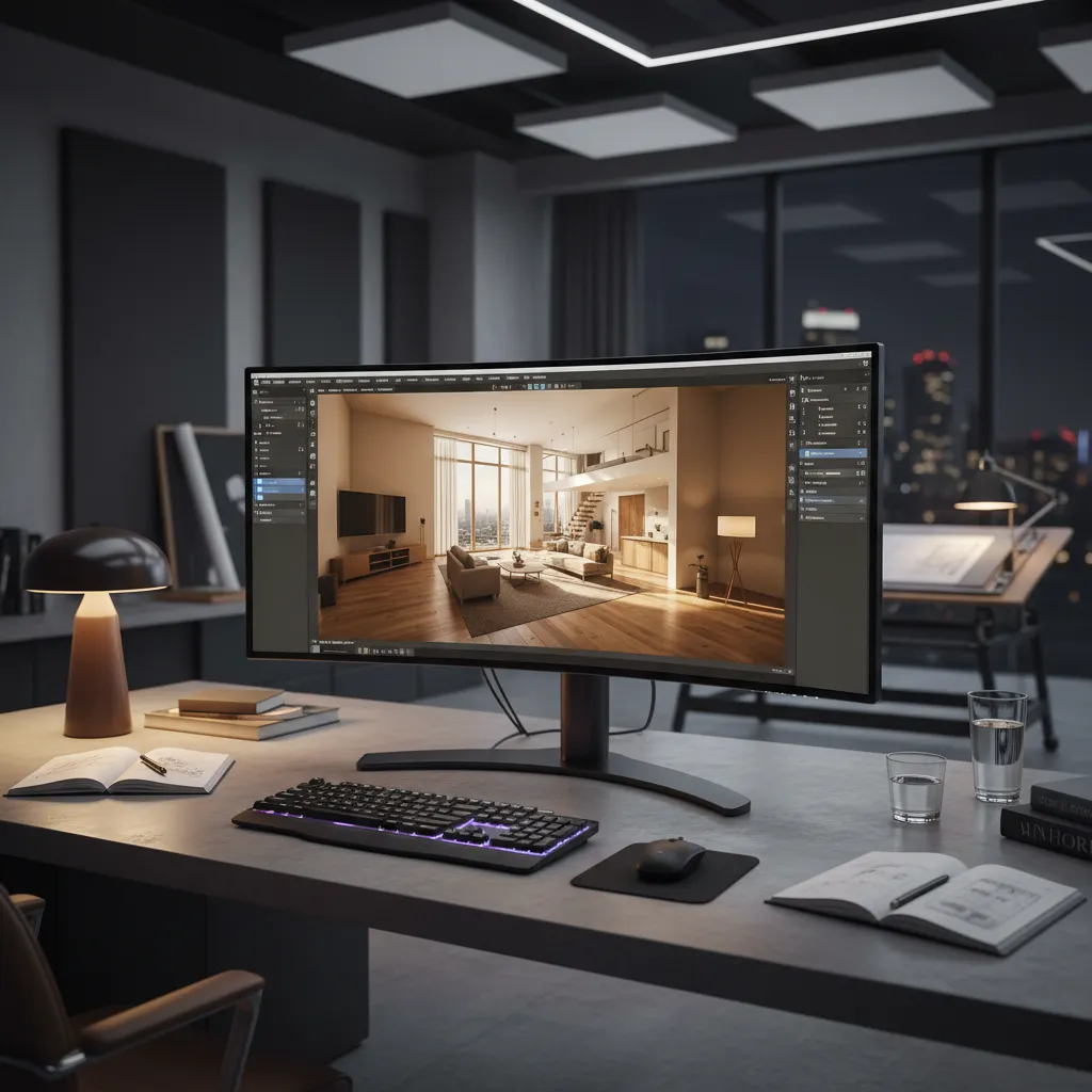 Computer monitor displaying interior design drawing of living room on office desk with night view