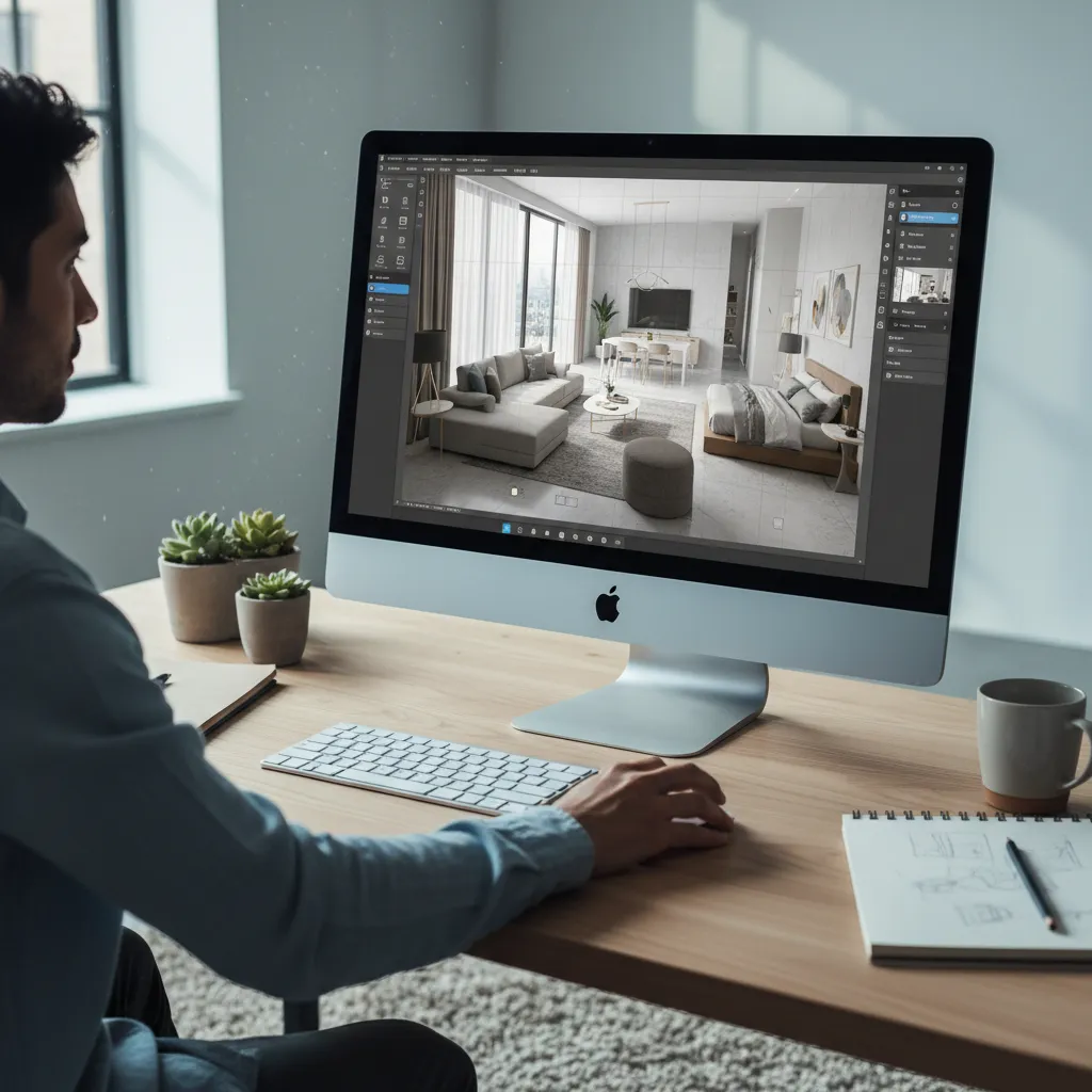 Pantalla mostrando un proyecto de diseño interior en software de modelado 3D