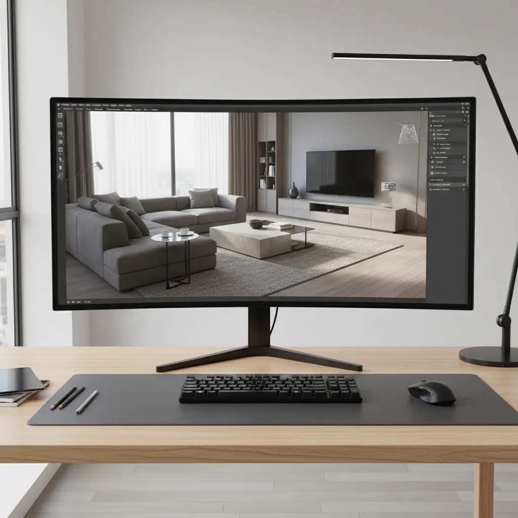 Pantalla de ordenador mostrando un diseño interior en 3D