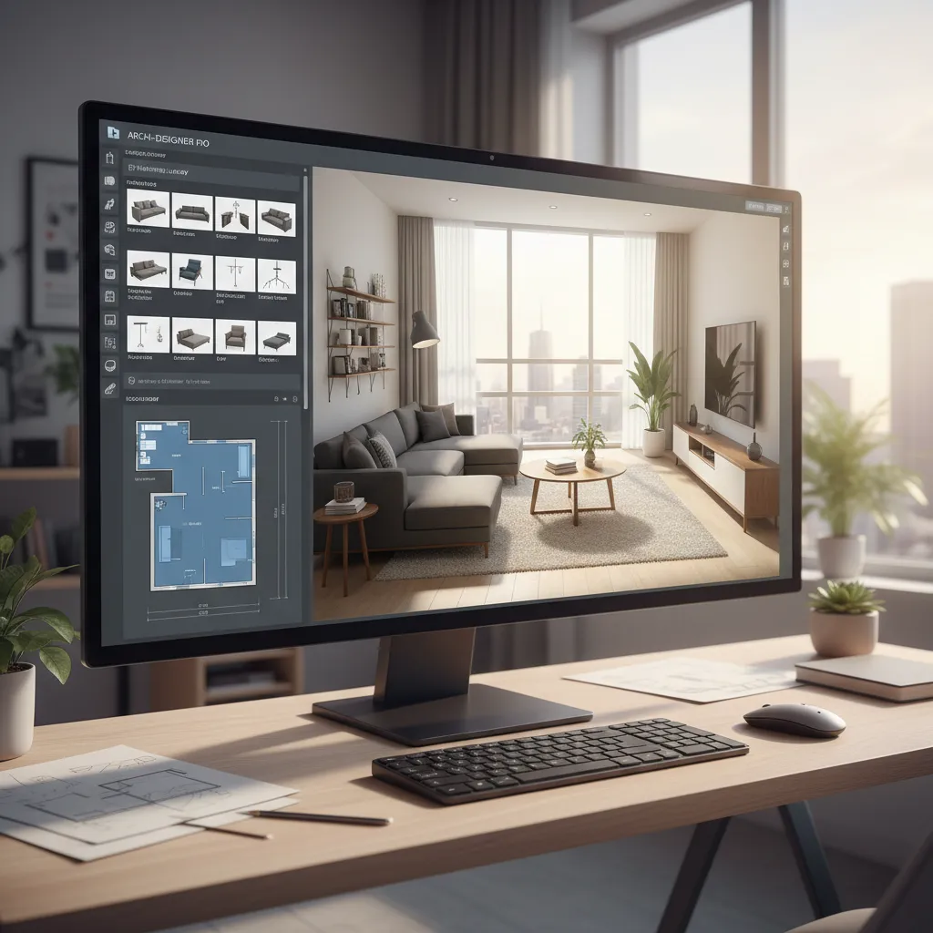 interfaz de software de diseño de interiores en 3D con habitación renderizada