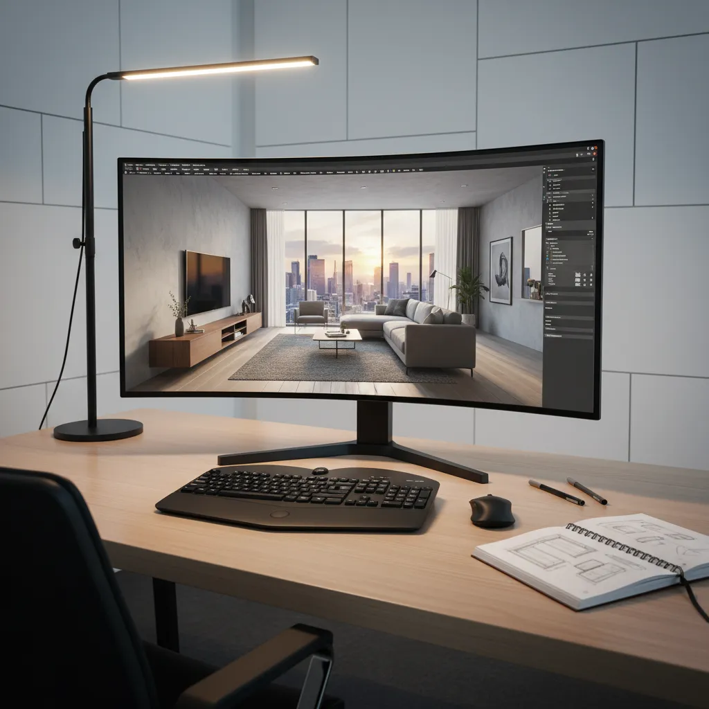 Pantalla de ordenador mostrando un modelo 3D de diseño interior