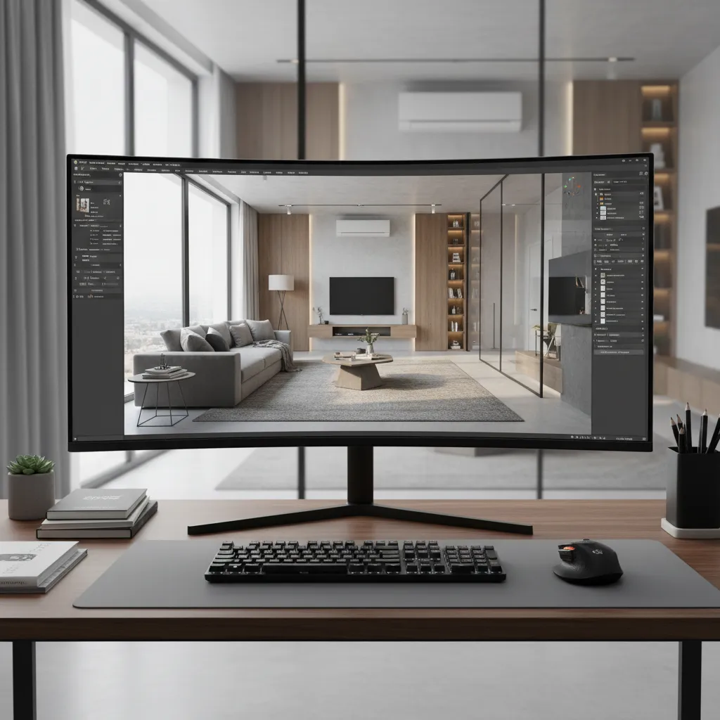 Pantalla de ordenador mostrando un modelo 3D de diseño de interiores