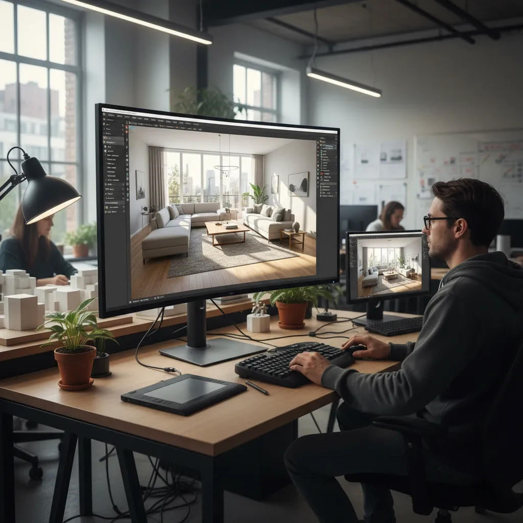 Pantalla de ordenador mostrando un modelo 3D de apartamento en proceso de diseño