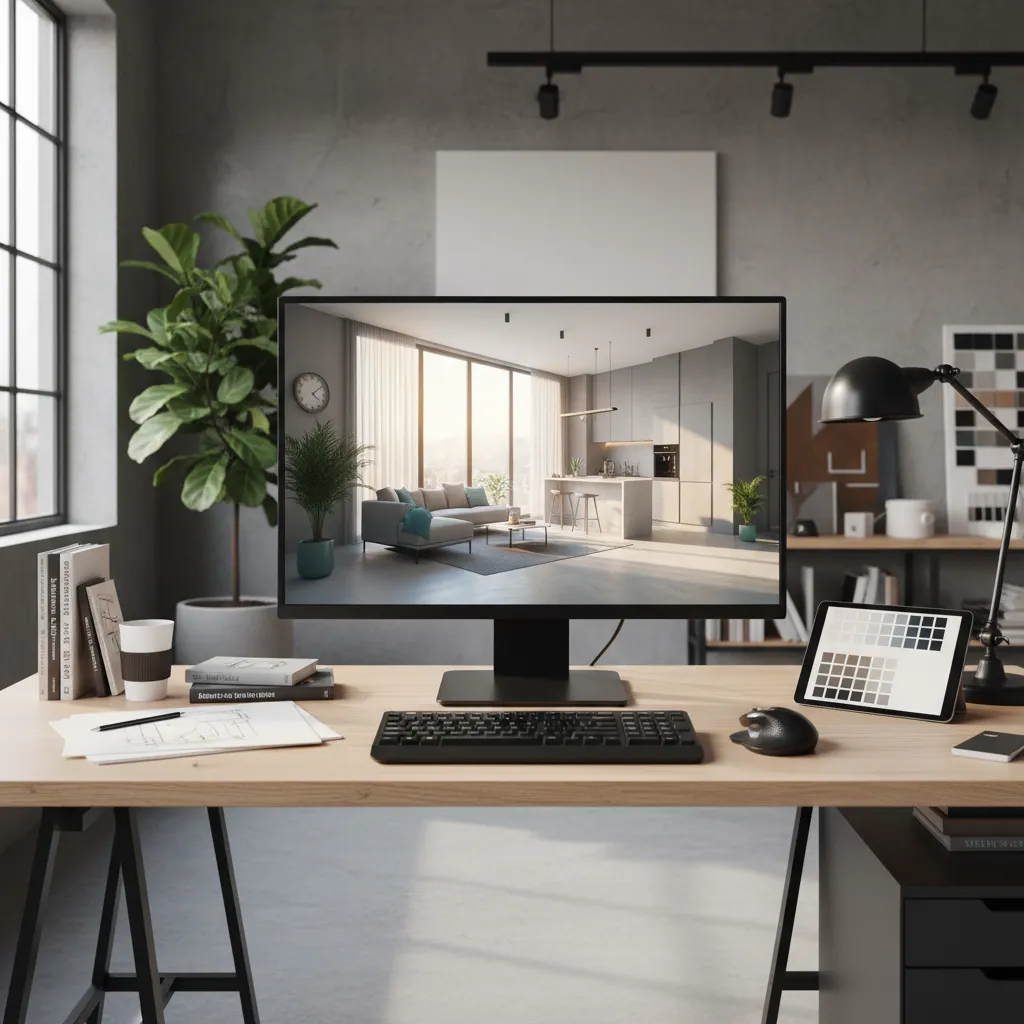 Pantalla de ordenador mostrando un modelo 3D de un apartamento en proceso de diseño